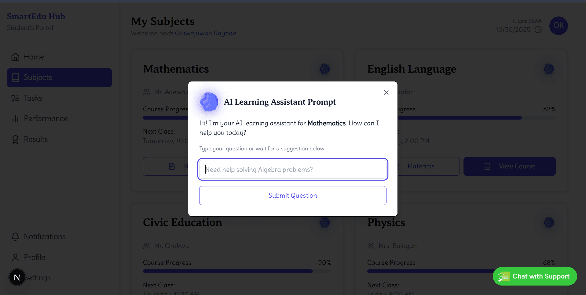 AI powered education interface showing interactive tools